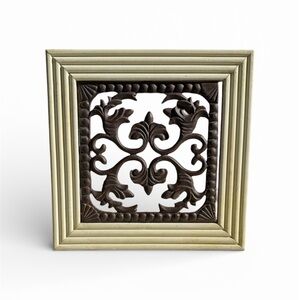 Vintage Wrought Iron Wall Art 14x14 Brown Scroll Cream Wood Tuscan Traditional